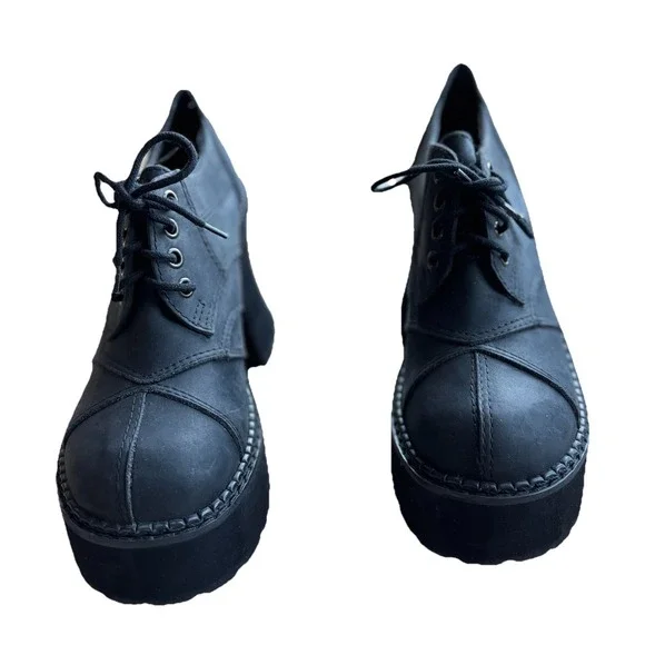 90S Deadstock Leather Platform Oxford Shoes SZ 8 BatWing Chunky Whimsigoth Y2K - Picture 3 of 9